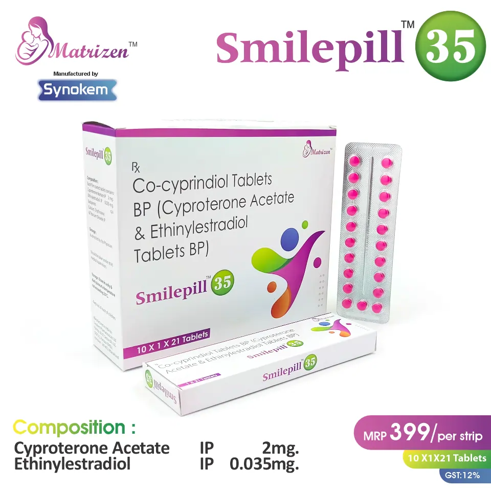 Cyproterone (2mg) + Ethinyl Estradiol (0.035mg) Smilepill 35 Tablet at best price in PCD Pharma Franchise for contraceptive care.